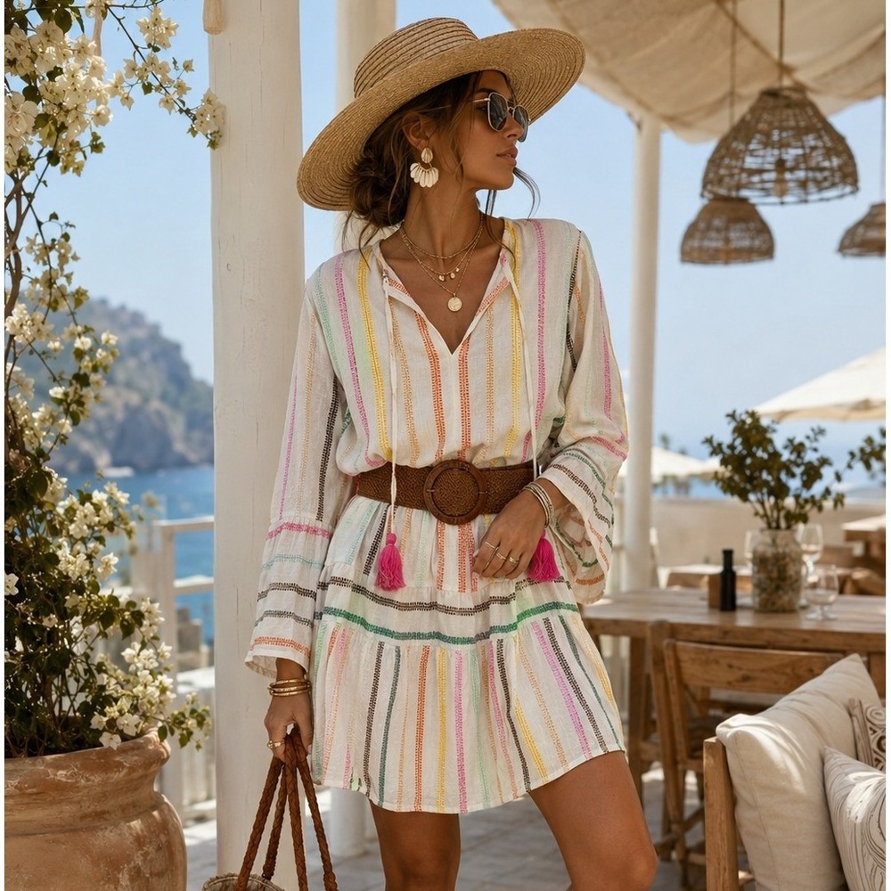 PilyQ Rainbow Embroidered Cotton Mini Dress Tassel V-Neck Bell Sleeve White S